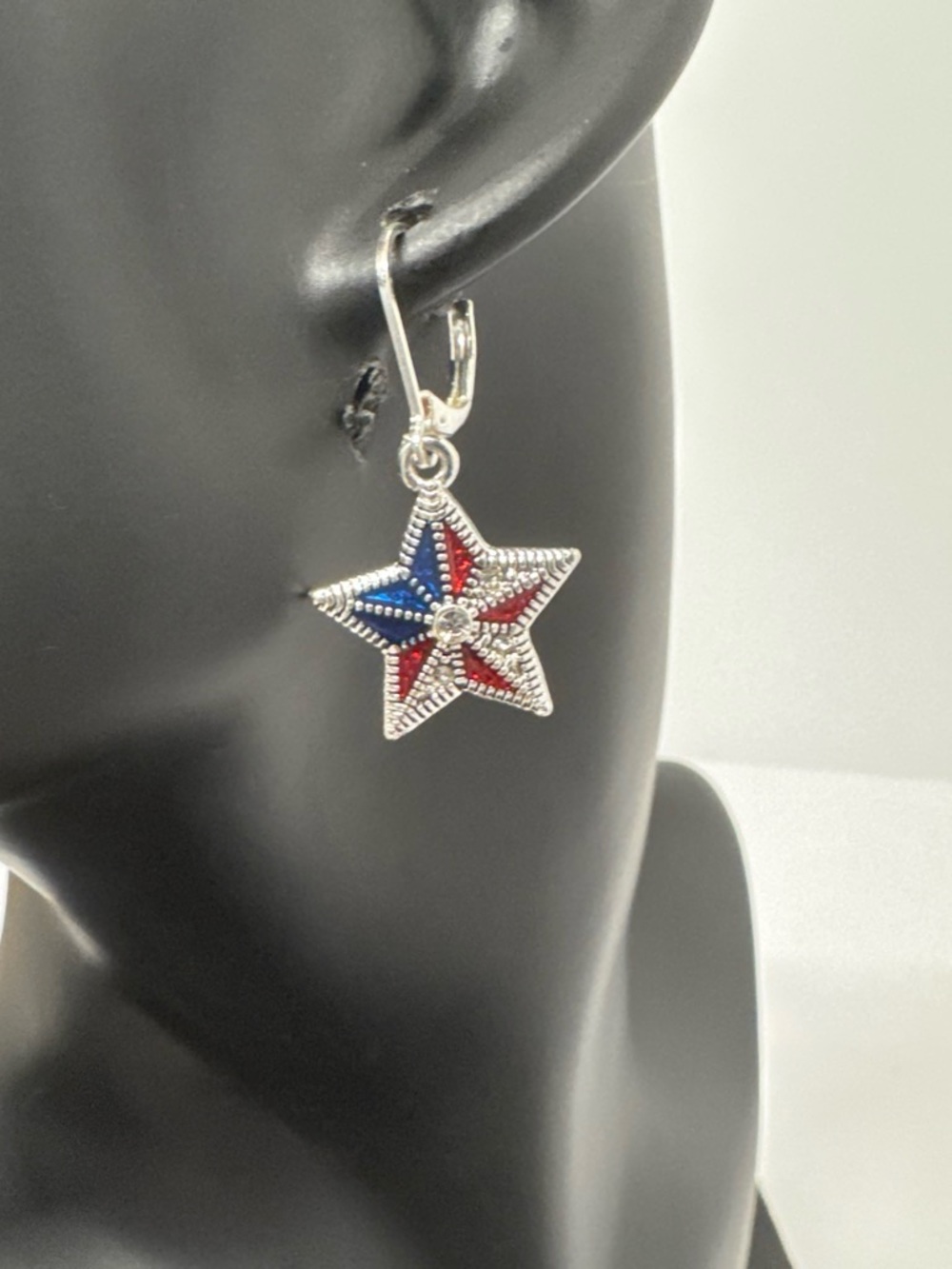 Silver Star Drop Earrings with Red & Blue Enamel